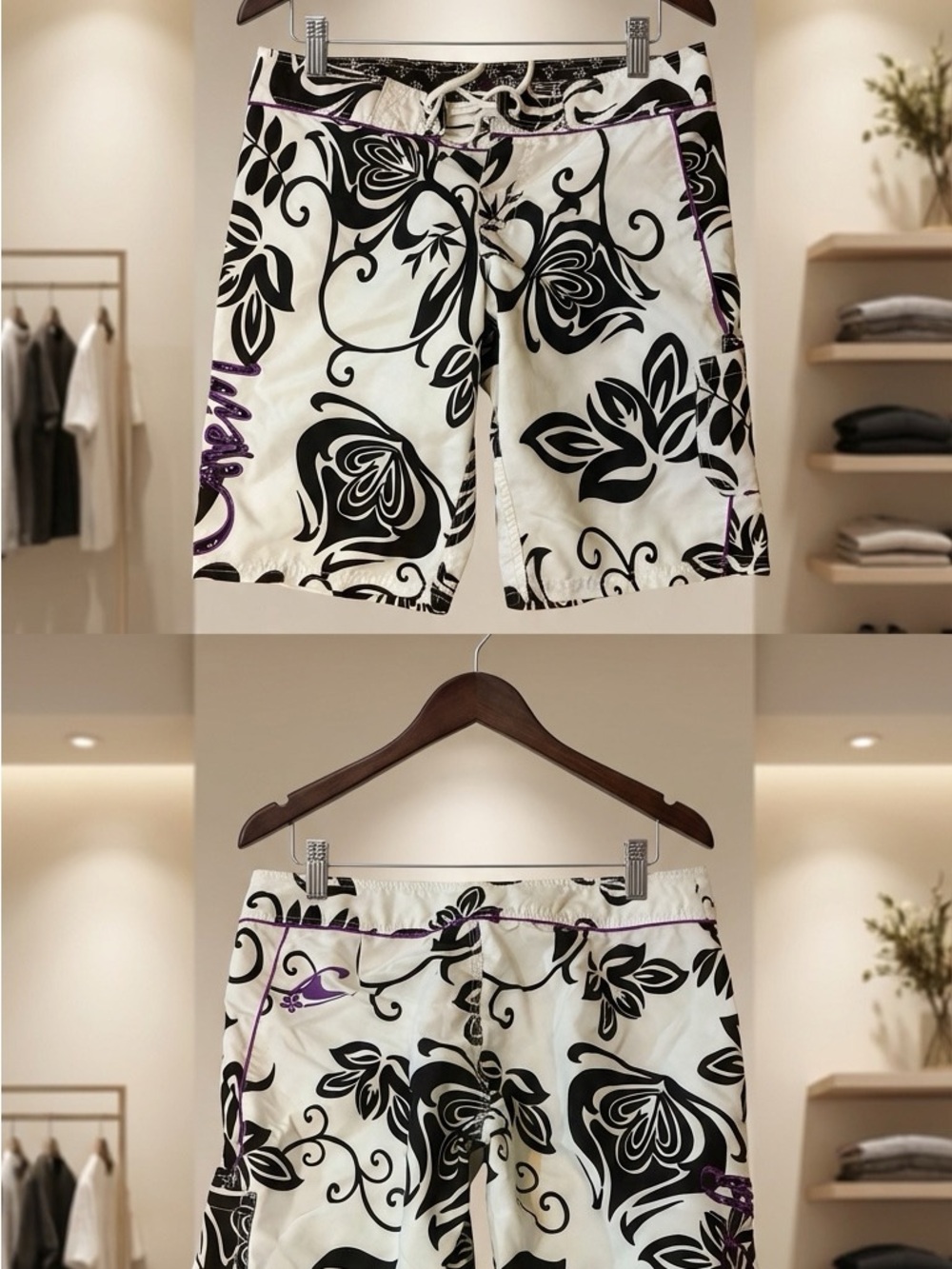 Universal Standard White Shorts with Black Floral Print and Purple Trim